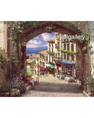 ציור שמן מבט לרחוב ציורי ובתי קפה